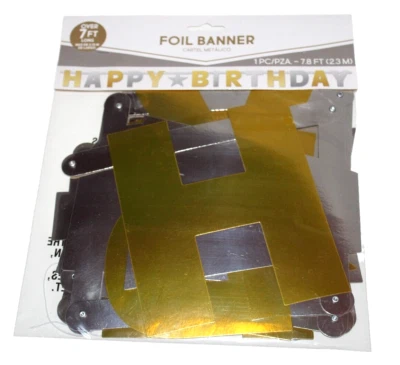 Banner de papel aluminio Amscan dorado/plateado "Feliz cumpleaños" - 7,8 pies Foto 1 de 2