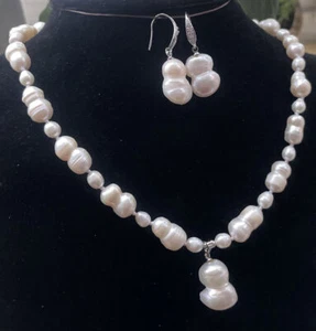 Collar colgante natural de arroz blanco/perla barroca (13x18 mm) 18" + pendientes de gancho - Imagen 1 de 6