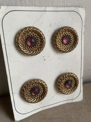 Antique Victorian Golden Metal 1” Buttons With Purple Cabechon Set Of 4 On Card - Image 1 of 4