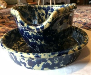 BENNINGTON POTTERS AGATE BLUE 10 1/2" Batter Bowl w Plate/saucer SPONGEWARE 1880 - Picture 1 of 7