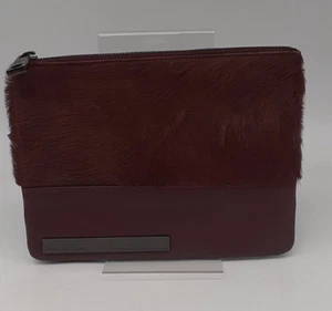 Pied a Terre Maroon fur Leather clutch bag cosmetic bag #9012 - Picture 1 of 5
