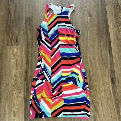 Trina Turk Amaya Colorful Print Bodycon Mini Dress Medium Ruched Sleeveless - Image 1 of 4
