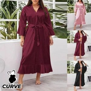 Plus Size Curvy Women Silk Satin Bath Robe Sexy Long Kimono Bride Dressing Gown - Picture 1 of 15
