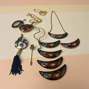 Lot Vintage Cloisonne Round Pendant Gold Cord Necklace Bib  Pennant Hair Pin + - Picture 1 of 6