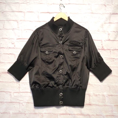 Chaqueta de bombardero Paris Blues para mujer 2X negra satinada manga corta bolsillos utilitarios Foto 1 de 4