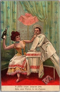 Vintage 1900s French Romance Greetings Postcard Pierrot & Colombine / Wine - Picture 1 of 2
