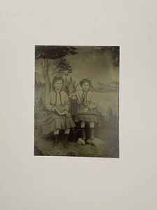 Antique Photograph Two Young Sister Nice Outdoor Scene Full Plate Tintype Photo - Picture 1 of 5