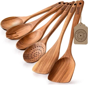 Luxury Teak Wood Utensil Set - Elegant 6-Piece Cooking Ensemble Including Spoons - Picture 1 of 12