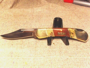 FROST UNCLE LUCKY POCKET KNIFE WARRIOR LOCKBACK RAMS HORN & WOOD w/POUCH, 3-1/2" - Picture 1 of 8