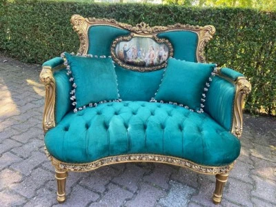 Loveseat Sofa Louis XVI Green Velvet Gold Leaf French Vintage 1960s Chic - Image 1 of 4
