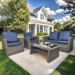 Patio Furniture Wicker Chair Cushioned Sofa Coffee Table Yard Conversation Set - Picture 1 of 14