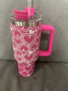 40oz Valentine Heart Tumbler Cup w/Handle & Straw -Insulated Travel Mug - Picture 1 of 2