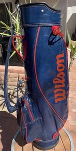 VTG Wilson Golf Blue Red Pinstripe Faux Leather Cart Bag Good Zippers Pockets - Picture 1 of 19