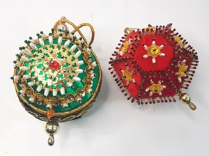 Vintage Artisan Beaded Sequin Satin Christmas Tree Ornament Handmade Green Red - Picture 1 of 10