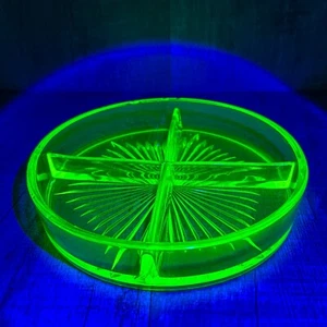 Yellow Uranium Vaseline Glass, 8" Round Divided 3 section Candy Nut Dish Antique - Picture 1 of 11