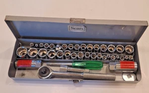 Juego de enchufes métricos de accionamiento vintage Sears de 1/4" y 3/8" en caja metálica original Taiwán - Imagen 1 de 6