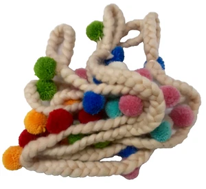 2 Wool Yarn Garlands Braided Off White 7 1/2 Foot Length Wool Colorful Pom Poms - Picture 1 of 12