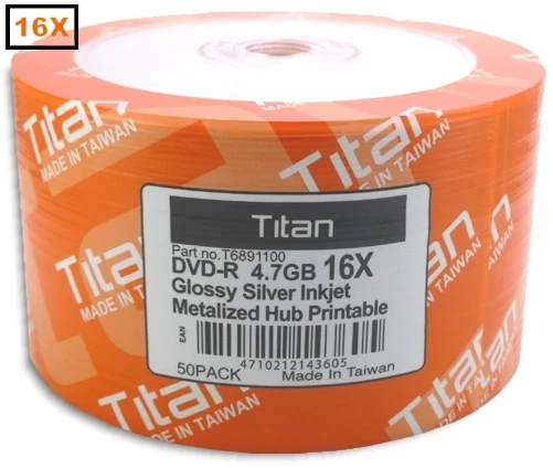 50-Pak =SEMI-GLOSSY= Titan 16X Silver Inkjet Hub DVD-R's, Titan T6891100 - Image 1 of 1
