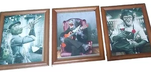 Set of 3 Chimpanzee Prints 8x10" in vintage frames, coffeehouse jazz wine - Picture 1 of 4
