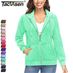 Women's Velour Hooded Jacket Long Sleeve Full Zip Outerwear Warm Velvet Jackets - Picture 1 of 125