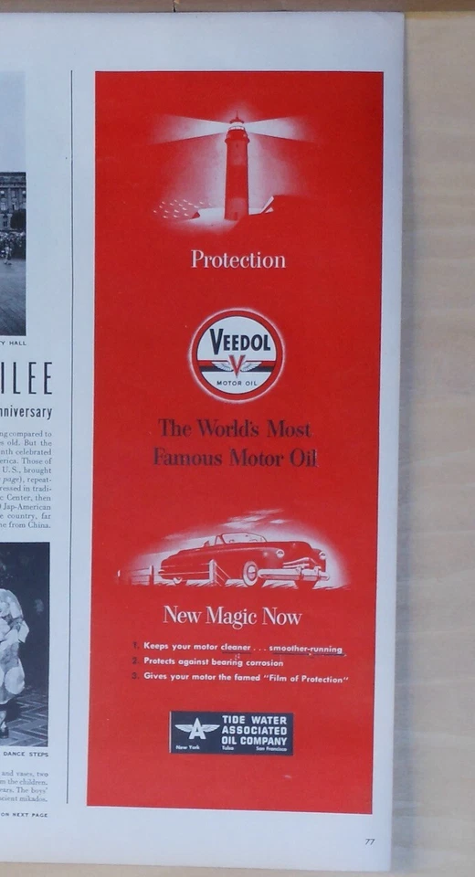 Anuncio de revista 1948 para aceite de motor Veedol - protección, faro y convertible Foto 1 de 1