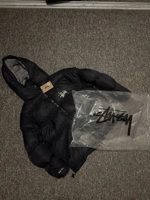 stussy puffer jacket black grey hoodie - Image 1 of 4