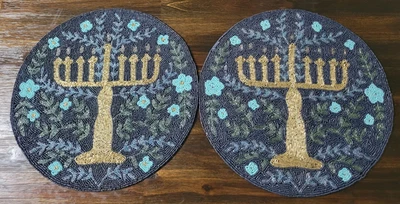 2-Pcs 15 Inch Round Celebrate Together Hanukkah Menorah Beaded Placemats NEW! - Image 1 of 3
