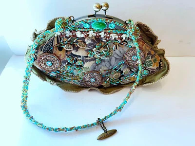 Mary Frances Beaded Handbag Purse Turquoise Glass Beads on Japanese Floral Silk - Image 1 of 4