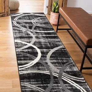 Rugshop Modern Wavy Circles Design Runner Rug 2' x 10' Black - Picture 1 of 7