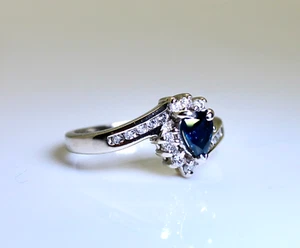 Gorgeous 14K White Gold Ladies .44 Ct Pear/Teardrop Sapphire & Diamond Ring - Picture 1 of 5