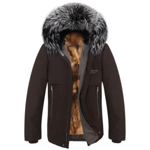 Mens Detachable Lined Hooded Real Fox Fur Raccoon Fur Collar Coat Parka Overcoat - Picture 1 of 25