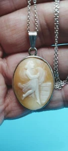 Vintage Sterling Silver Shell Cameo 18" Necklace with Girl Playing the Lyre. - Picture 1 of 7