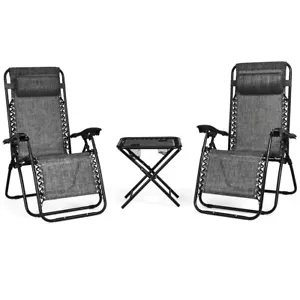 3PCS Zero Gravity Recliner Lounge Chairs Pillows Table Portable Folding Grey - Picture 1 of 12