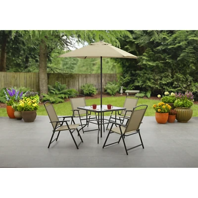 6 Piece Patio Dining Furniture Set with Umbrella Outdoor Table and Folding Chair
