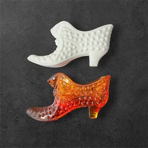 🔥Vintage Fenton Hobnail Glass Shoes White Milk Glass & Amberina Slipper Pair 🏡 - Picture 1 of 18