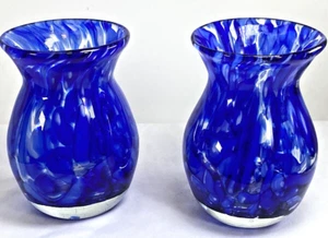 Hand Blown Beautiful Blue & White Swirled 5" Tall Art Glass Vases- Set of 2 - Picture 1 of 24