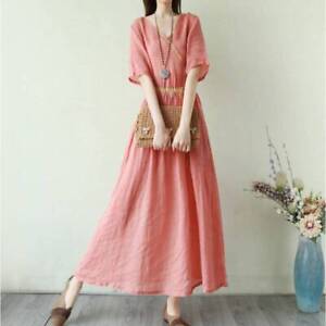 Ethnic Style Cotton Linen Long Skirt Women Short Sleeve V-neck Linen Dress Skirt