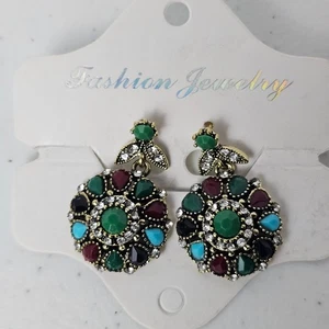 Bohemian Vintage Style Drop Earrings - Multi-Color Gemstone & Rhinestone Dangle - Picture 1 of 3