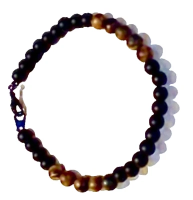 MENS WOODEN BRACELET, BLACK AGATE & BROWN WOODEN 7 1/2-8 INCH, LOBSTER CLASP - Image 1 of 4