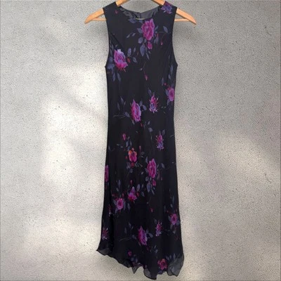 Vtg Y2K Floral Rosette Silk Maxi Dress Asymmetric Handkerchief Fairy Goth Sz 12 - Image 1 of 4