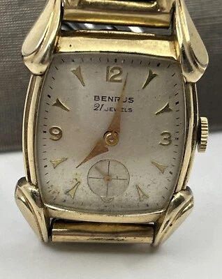 Relógio de pulso vintage Benrus ouro laminado 10K 21 joias couro elástico para reparos - Imagem 1 de 4