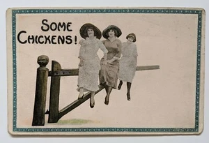 ANTIQUE VTG COMIC POSTCARD Clothed Risque Chicks Ladies Big Hats on Fence  - Picture 1 of 3