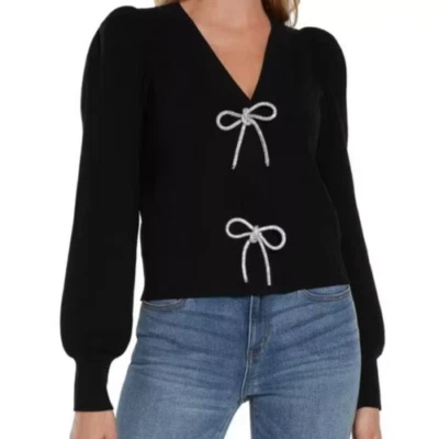 Cárdigan Express para mujer con lazo (negro grande) suave cuello en V mangas largas abullonadas Foto 1 de 4