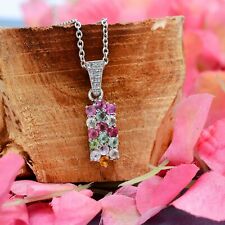 Natural Multi Tourmaline Sterling Silver Vertical Long Pendant Necklace Jewelry