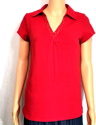 Camisa Top L.A. Blues Mujer M Roja Cuello en V Con Cuello Brillante Manga Corta Foto 1 de 4