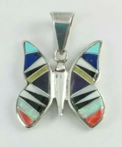 Vintage Navajo Calvin Begay Sterling Silver Multi-stone Inlay Butterfly Pendant - Picture 1 of 9