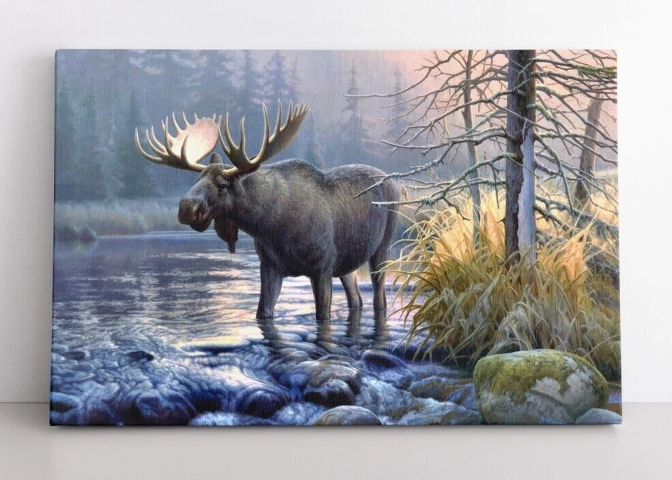Moose Painting Print on Canvas Wall Art Wildlife Vintage Animals Cabin Decor - Image 1 of 4