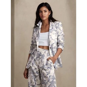 NWT Banana Republic "Long & Lean" Blue White Print Linen 1 Button Blazer size 14 - Picture 1 of 10
