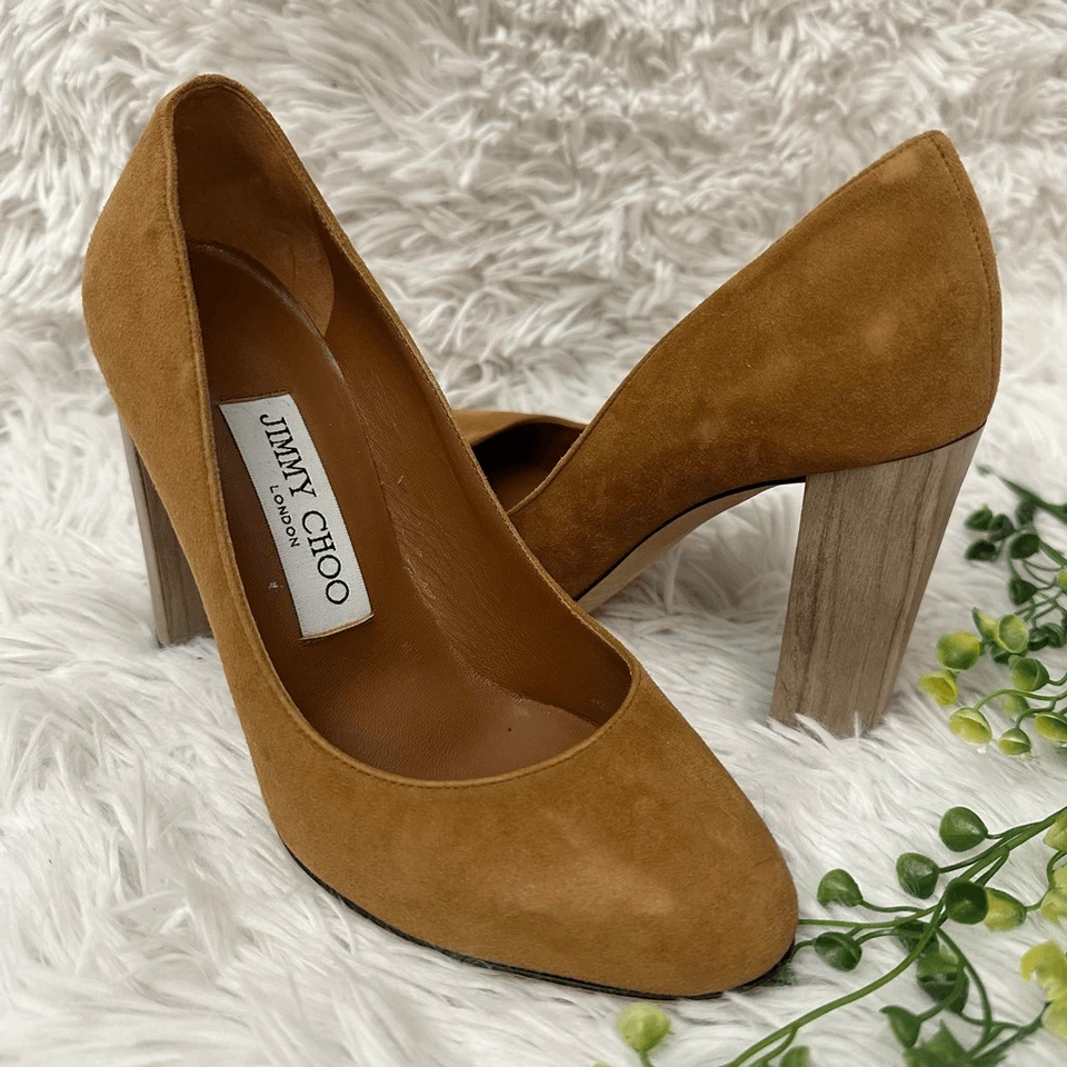 Jimmy Choo Laria Canyon Marrón Gamuza Punta Redonda Madera Tacón Alto Bomba talla 34 EU/US 4 Foto 1 de 4