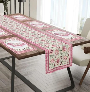 Juego de alfombrilla y servilletas de algodón estampadas en bloques a mano para mesa de comedor - Imagen 1 de 6